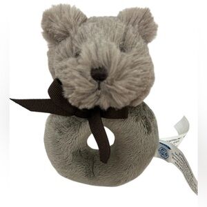 Pottery Barn Kids PBK Rattle Toy Bear Plush Ring Soft Brown Gray Baby Infant VGC